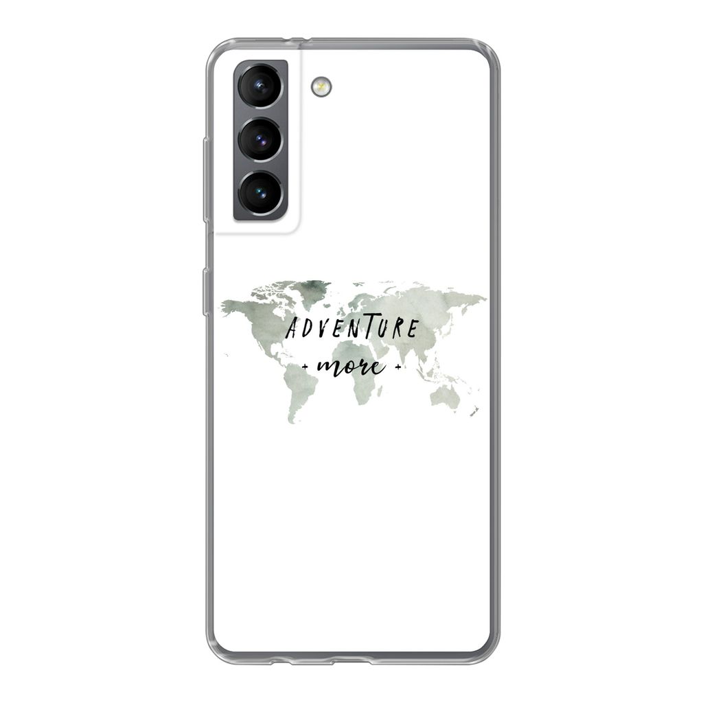 MuchoWow Handyhülle Schutzhülle Hülle für Samsung Galaxy S21 Weltkarte - Grau - Zitate Silikon Softcase Handy Hülle - Softcase