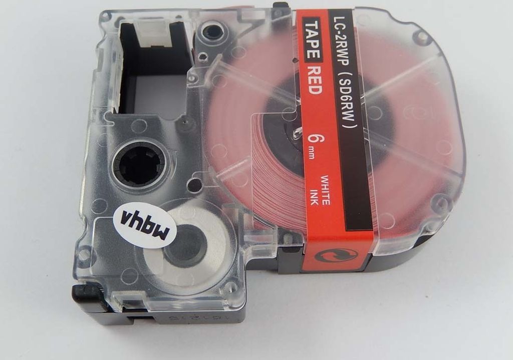 vhbw Schriftband-Kassette kompatibel mit KingJim SR530, SR550, SR530C, SR3900P, SR6700D, SR40, SR750, SR950 Etiketten-Drucker 8m x 6mm Weiß auf Rot