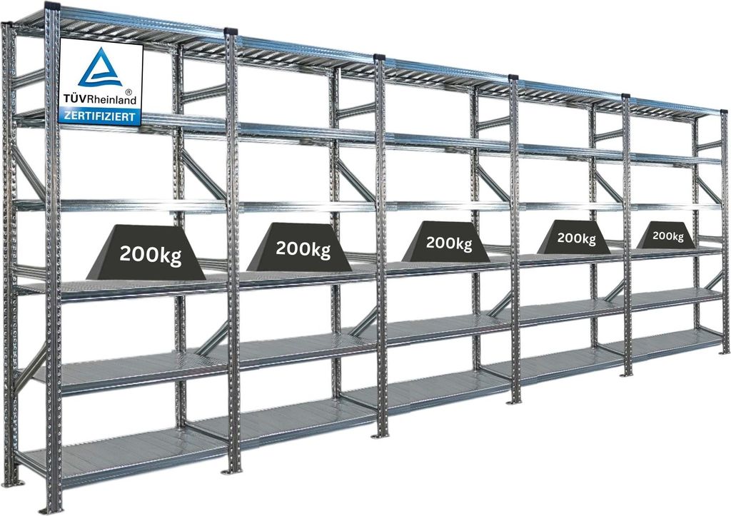 Fachbodenregal PROXIMO mit Stecksystem | Komplettregal | HxBxT 210x450x50cm | 6 Ebenen | Beidseitig nutzbar | Verzinkt