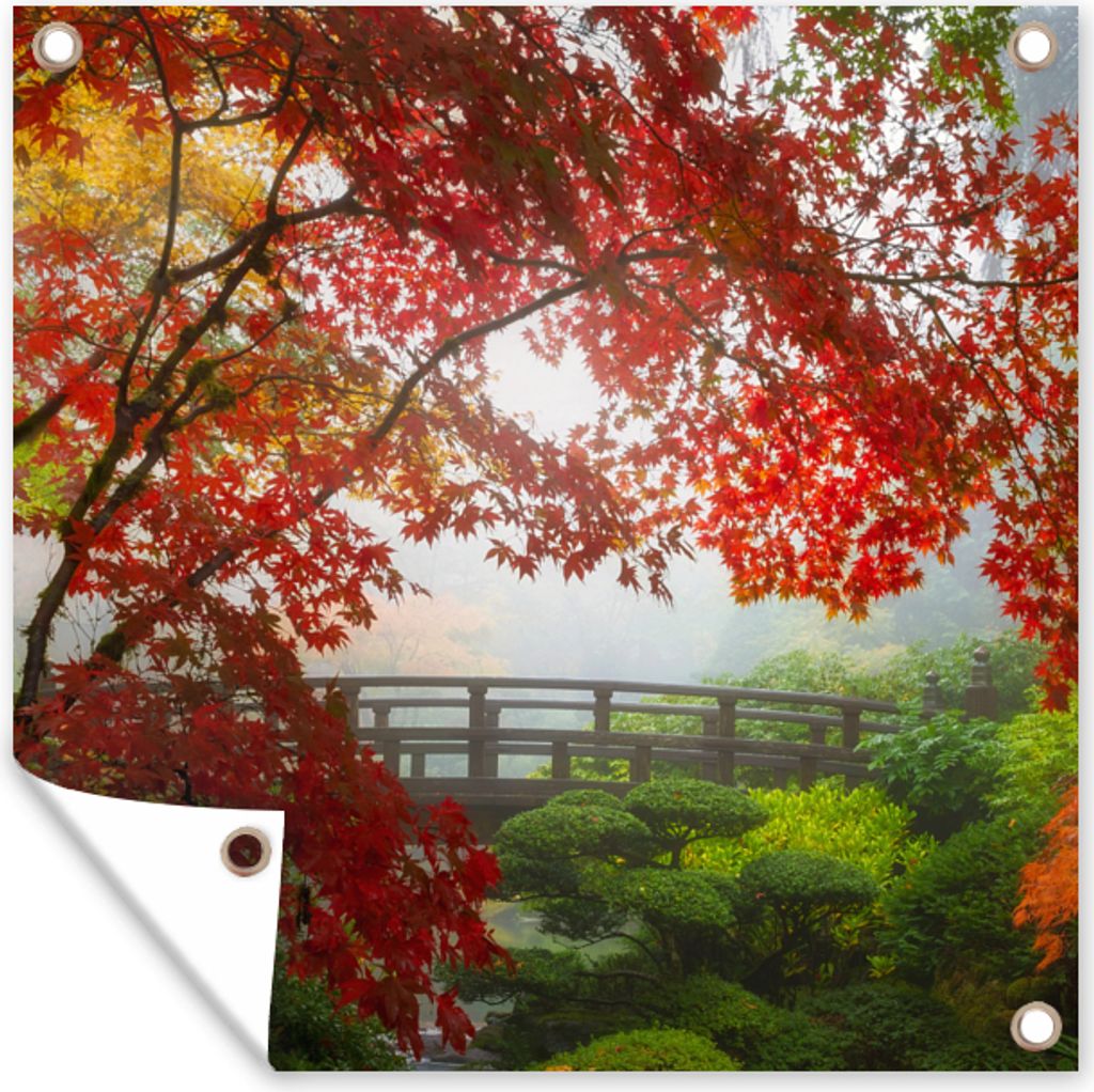 MuchoWow 50x50 cm Outdoor-Poster Gartendeko Sichtschutz Garten Poster für den Garten Japanischer Ahorn - Bäume - Brücke - Natur - Japanisch