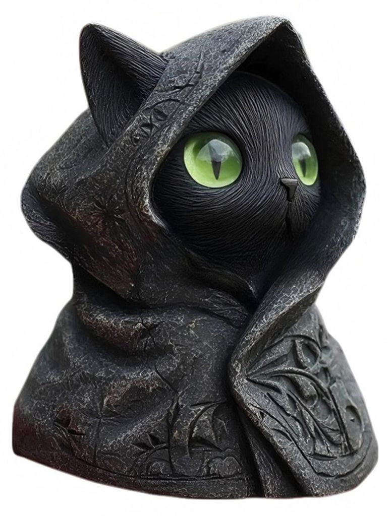 Kapuzenkatzenstatue aus Kunstharz, geheimnisvolle schwarze Katzenfigur, gotische Tisch-Mini-Katzenskulptur, Halloween-Dekoration, Geschenk für Kat...