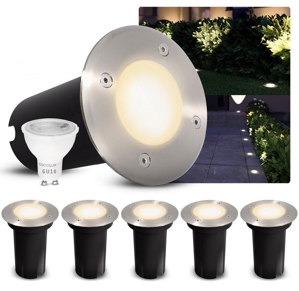 SSC-LUXon 6x KALPA Bodenleuchte LED rund silber - Bodeneinbaustrahler IP67 Außenlampe mit GU10 Birne 2W warmweiß - Bodenlampe für Garten & Terrasse