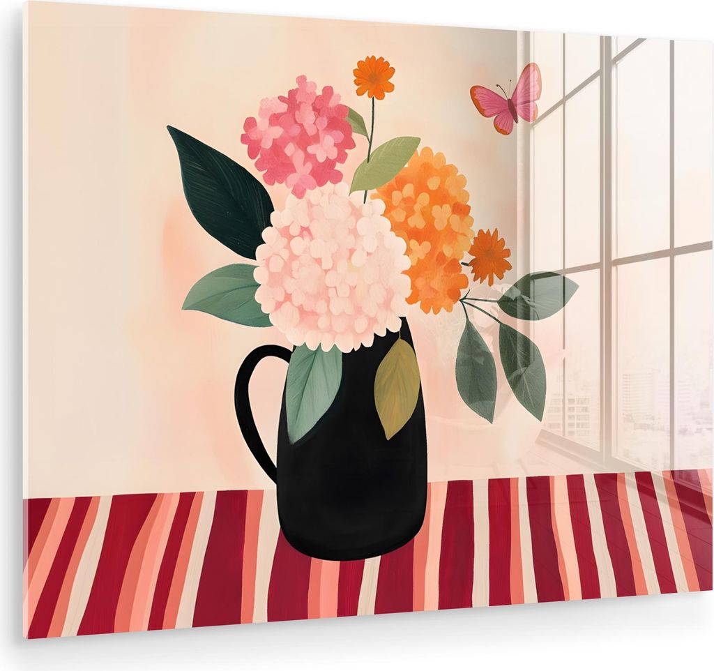 MuchoWow Glasbilder - Bilder auf Wandbild - Foto auf Glas Vase - Blumen - Schmetterling - Rot 40x30 cm Wanddekoration aus Glas - Acrylglasbild - Ac...