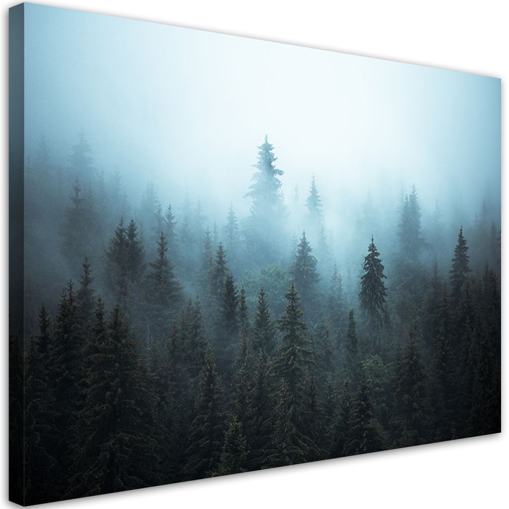 Leinwandbild Wald im Nebel 90x60 Feeby Grün bild für die wand bereit zum aufhängen
