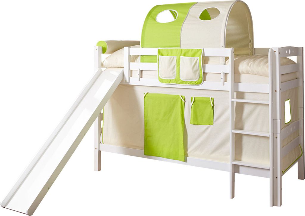 Etagenbett mit Rutsche Doppelbett Lupo Buche massiv Weiss, Vorhangstoff:Beige Grün