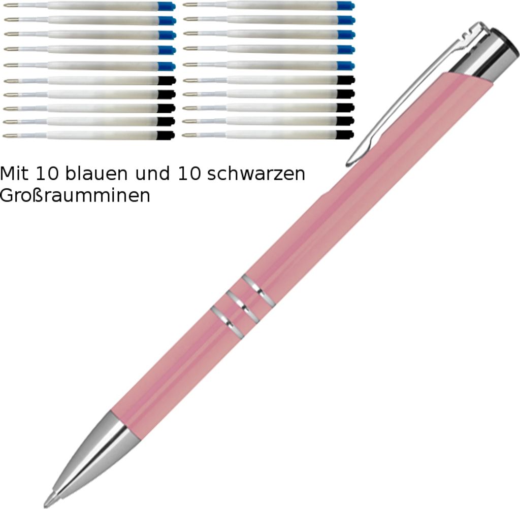 10 Kugelschreiber aus Metall / je 10 schwarze + blaue Minen / Farbe: rosé