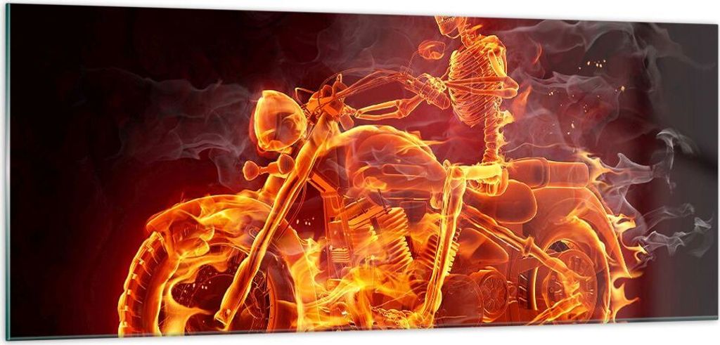 Bilder auf glas - Motorrad Flammen Skelett - 100x40cm - Glasbilder - Wandbilder - Kunstdruck - zum Aufhängen bereit - Wanddekoration aus Glas - Gl...
