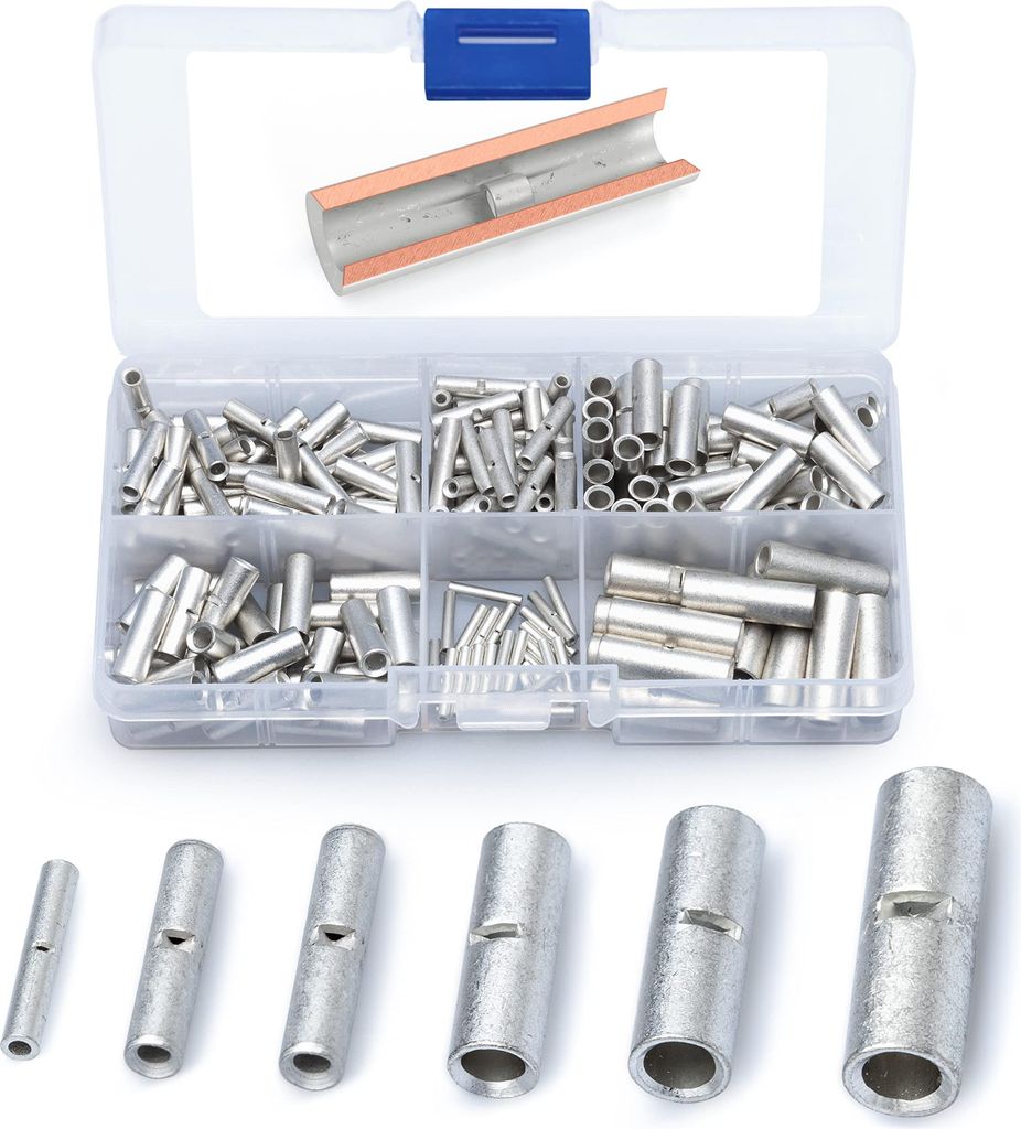 Wirefy Stoßverbinder unisoliert - Quetschverbinder, Crimpverbinder ohne Schrunpfschlauch - Kabel Crimp Verbindung im Set - 0,25-10mm² - 200 Stück