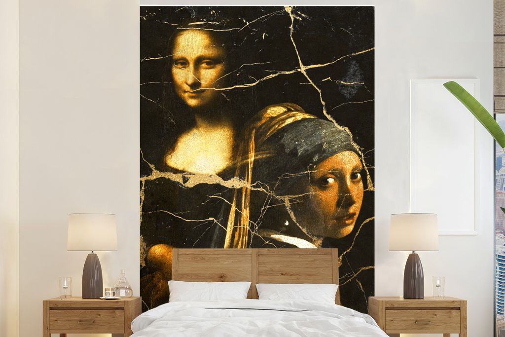 MuchoWow Fototapete für Wohnzimmer oder Schlafzimmer Wandtapete Vinyl Motivtapete Mädchen mit einem Perlenohrring - Mona Lisa - Gold - 170x260 ...