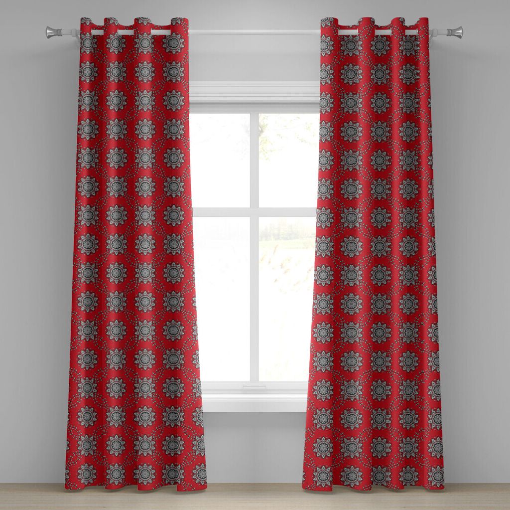 ABAKUHAUS Red Mandala Ösenvorhang, Flüchtiger Blätter-Strudel-Efeu-viktorianischer Maschen-Entwurf spornte Bild an, Dekorative 2-Panel-Fenstervo...