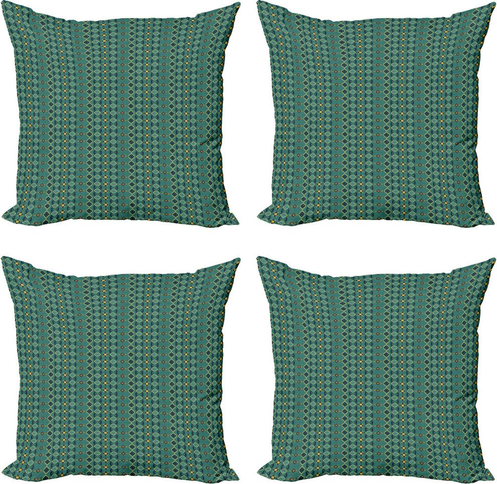 ABAKUHAUS Boho Kissenbezug Set (4 Stück), Aztekische geometrische Motive, Moderner Doppelseitiger Digitaldruck, 60 cm x 60 cm, Dunkle Seafoam Gelb