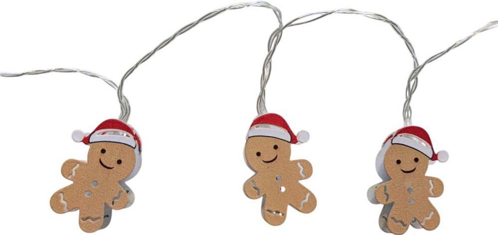 LED-Kette Lebkuchenmann 10er warmweiß, 6/18 h Timer, innen, Batterien 2 x AA