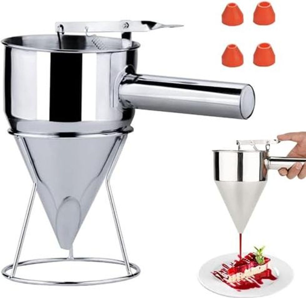 Backtrichter, 18mm Loch Stainless Steel Baking Funnel, Pfannkuchen Teigspender, Edelstahl Teig Spender mit Rack für Zuhause Küche Bäckerei Kuche...