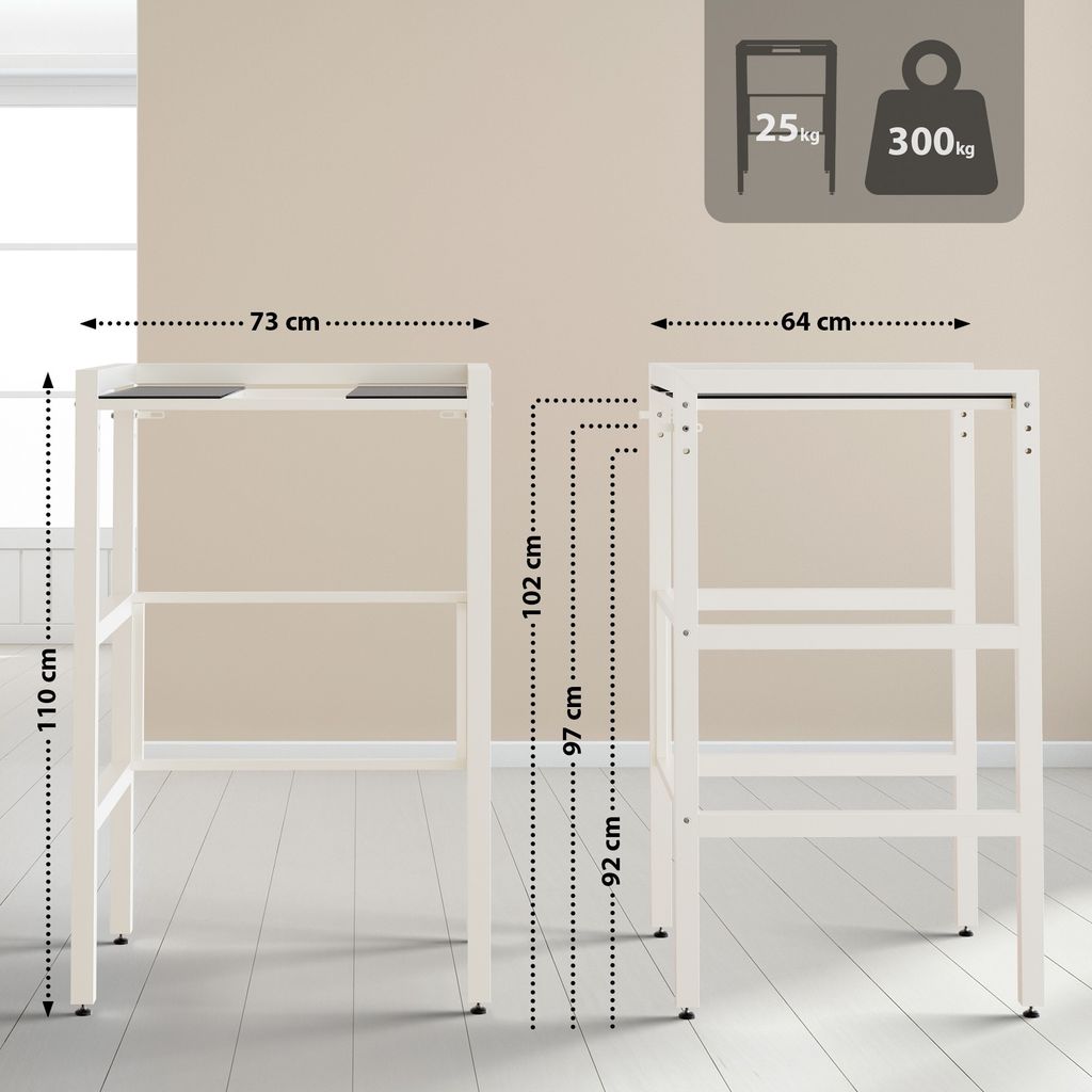 Two white metal shelving units are shown with dimensions indicated by dotted lines and text.