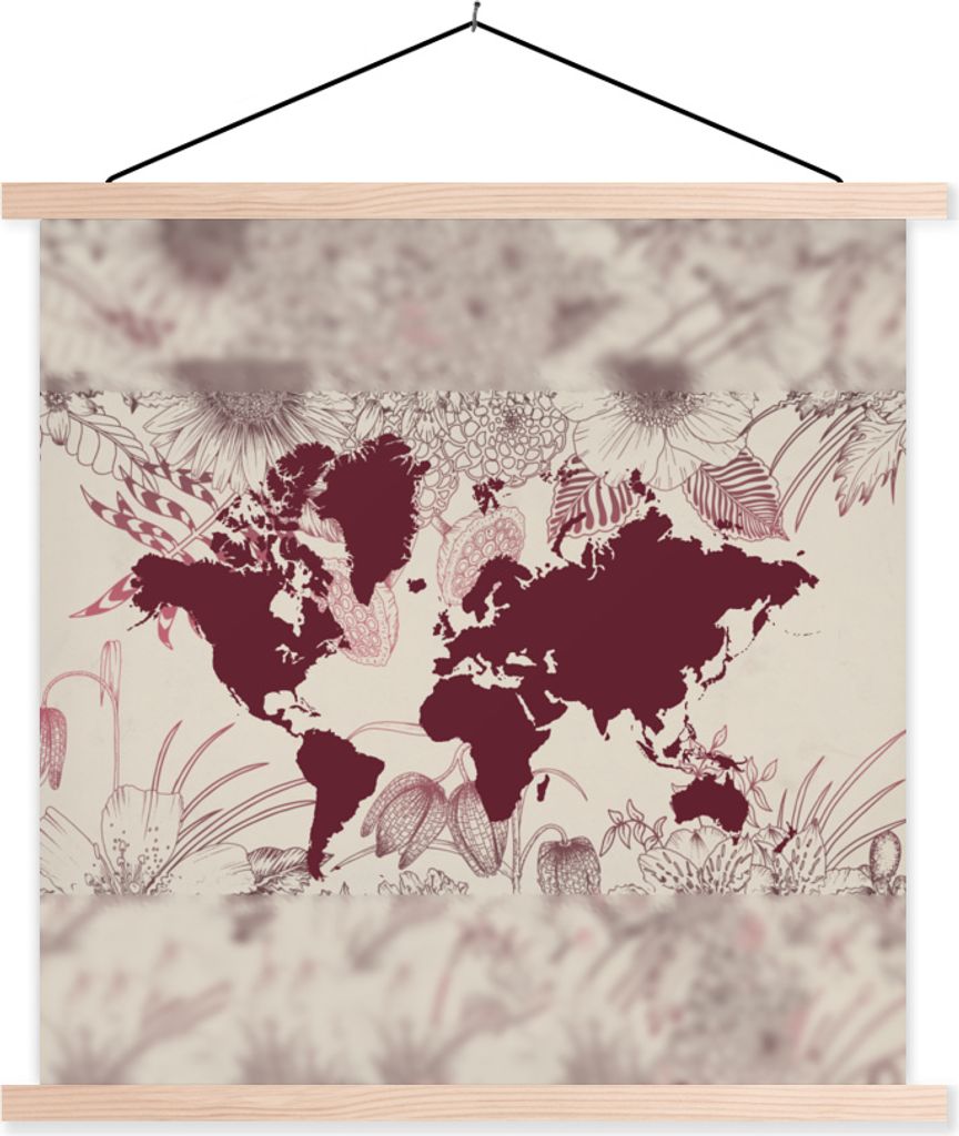 MuchoWow Textilposter Weltkarte - Pflanzen - Rot 120x120 cm mit holzfarbenen Rahmen - Textil-Poster