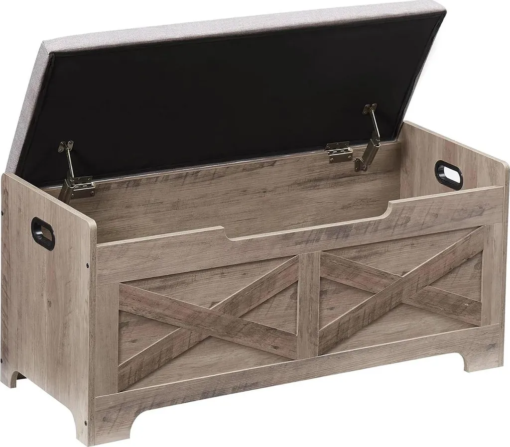 Banc de rangement en bois grand modèle avec coussin vert militaire
