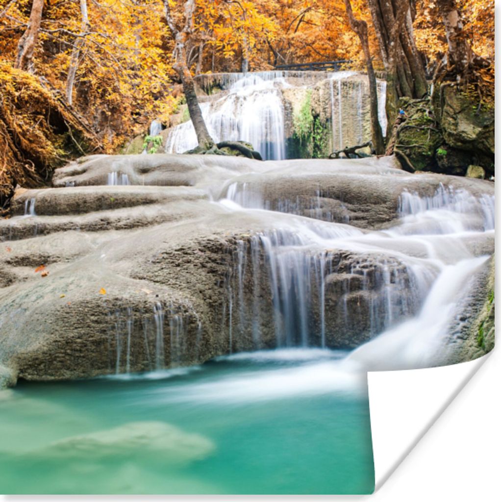 MuchoWow Poster Wald - Wasserfall - Herbst 30x30 cm - Wandposter - Printing