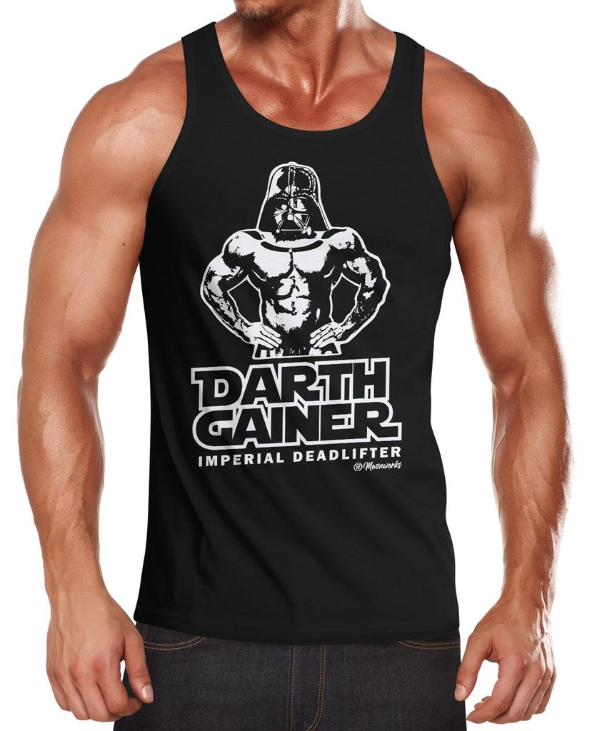 Herren Tanktop Print bedruckt Spruch lustig Darth Gainer Imperial Deadlifter Muscle Shirt Achselshirt Moonworks schwarz XL