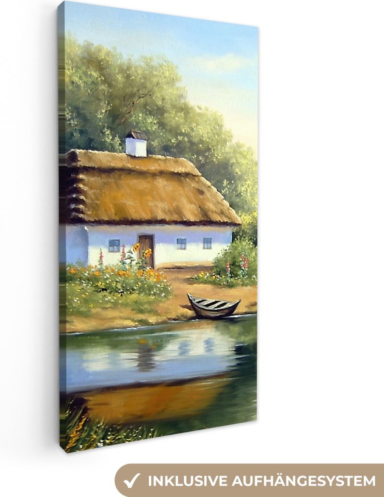 MuchoWow - Leinwandbilder - Malerei - Haus - Natur - Wasser - Ölfarbe, Wandbild, Wanddeko Bilder Wohnzimmer, 40x80 cm