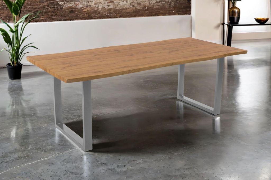 Esstisch Josy | 220 x 100 cm | Holz Wildeiche-Optik | U-Gestell Metall Silber | 40 mm Tischplatte mit Baumkante | Tisch für Esszimmer & Küche