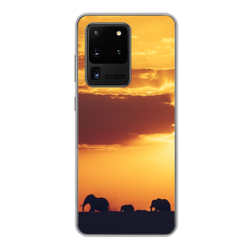 MuchoWow Handyhülle Schutzhülle Hülle für Samsung Galaxy S20 Ultra Elefanten - Horizont - Sonnenuntergang - Tiere Silikon Softcase Handy Hül...