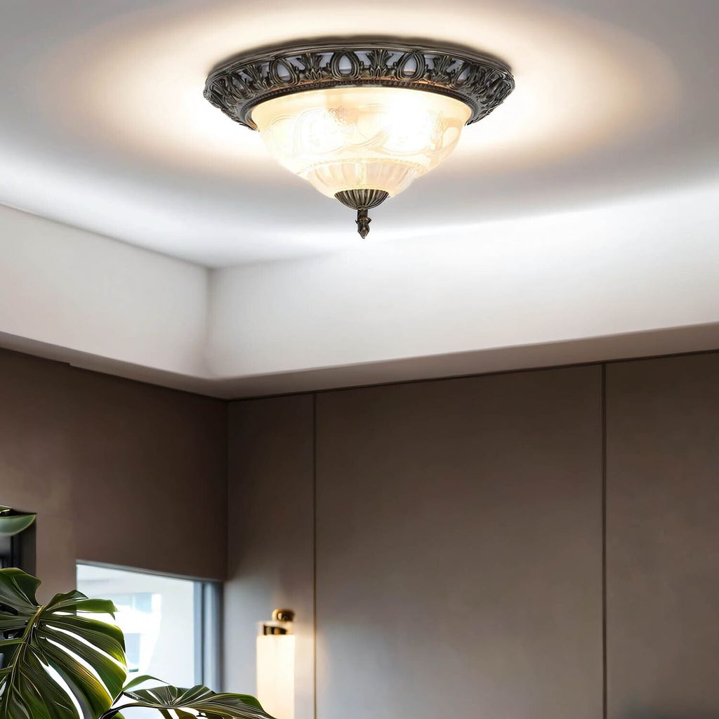 Deckenleuchte Jugendstil "FLUSH" Messing antik gländend MetallGlas 2-flammig Deckenlampe Wohnzimmer Flur