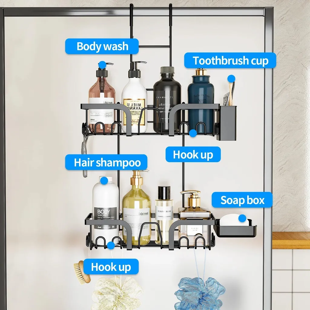 Rangement douche noir en métal sans perçage avec écoulement d'eau - 4
