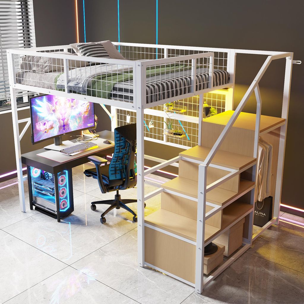 STILVORA 140x200 Hochbett mit LED-Beleuchtung durch APP-Steuerung,Eisenbett mit Stauraumtreppe und offenem Kleiderschrank,Metall-Hochbett ohne Matr...