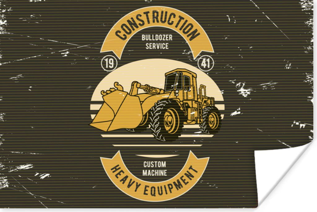 MuchoWow Poster Bulldozer - Gelb - Zeichnung - Retro 120x80 cm - Bilder