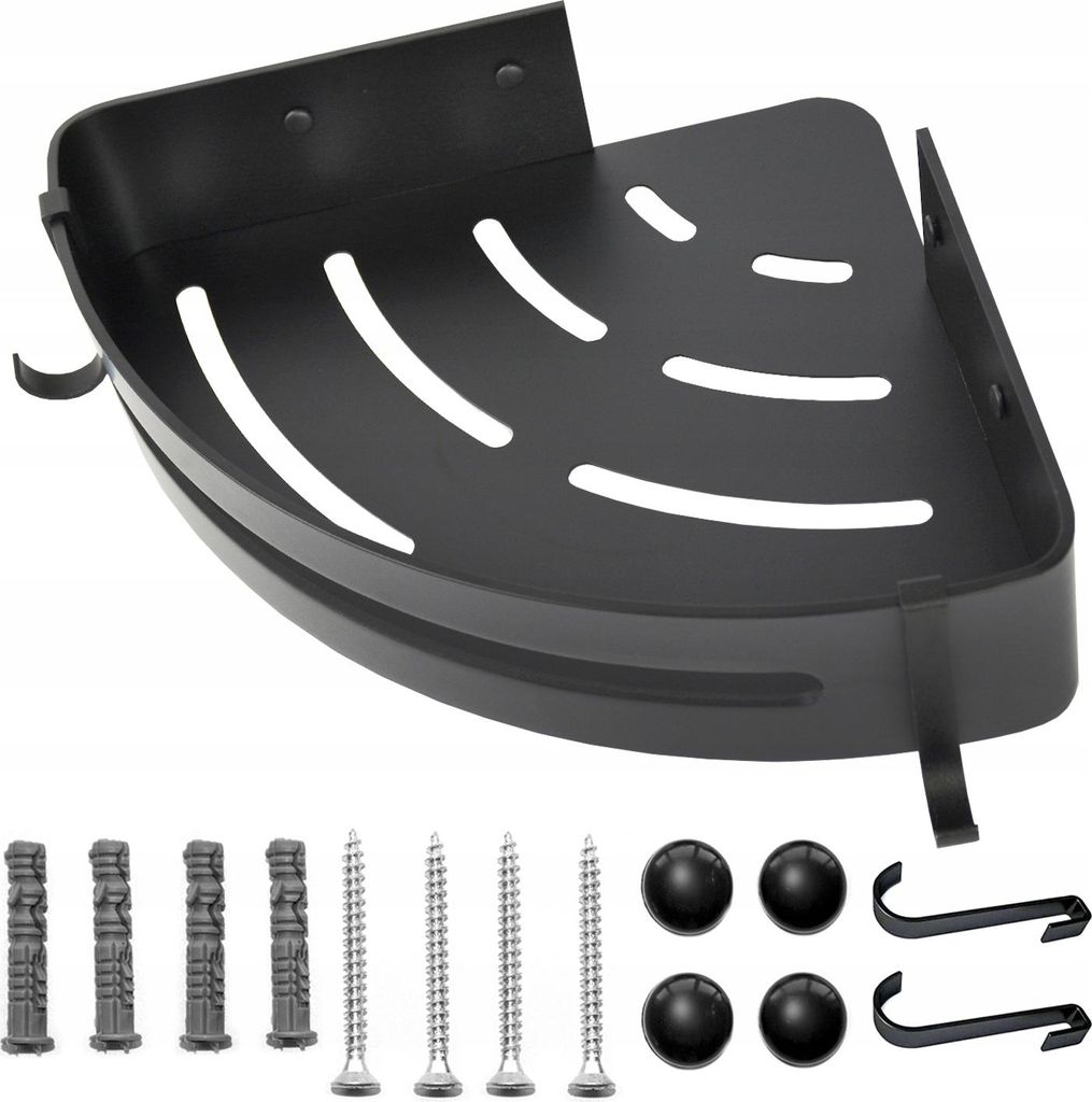 A black corner shelf with included mounting hardware.