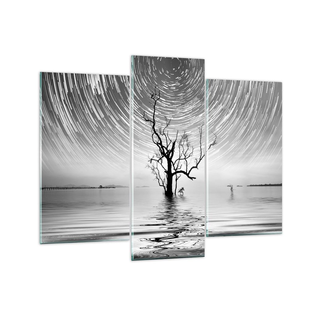 Bilder auf glas - 3 Teile - Schwarzweiß Baum See - 130x100cm - Glasbilder - Wandbilder - Bilder - zum Aufhängen bereit - Wanddekoration aus Glas ...