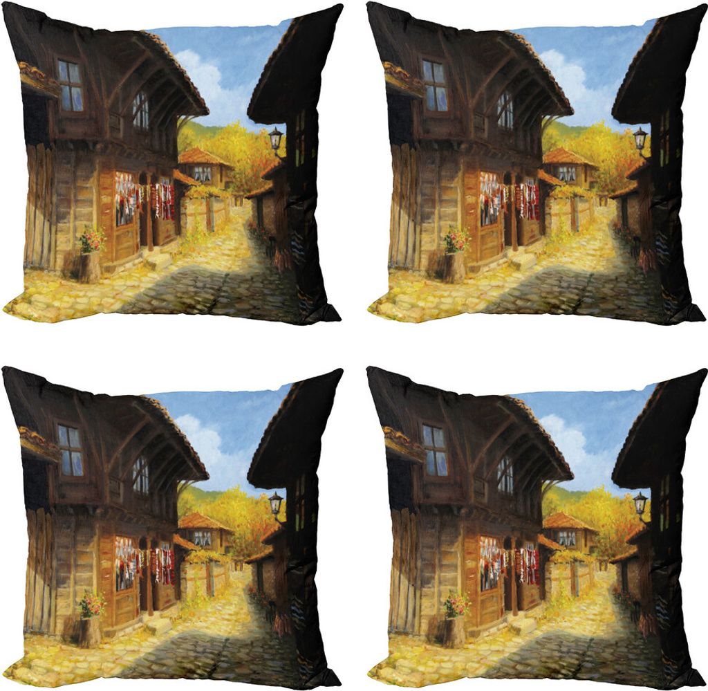 ABAKUHAUS Jahrgang Kissenbezug Set (4 Stück), Holzhäuser im Herbst, Moderner Doppelseitiger Digitaldruck, 50 cm x 50 cm, braun Blau