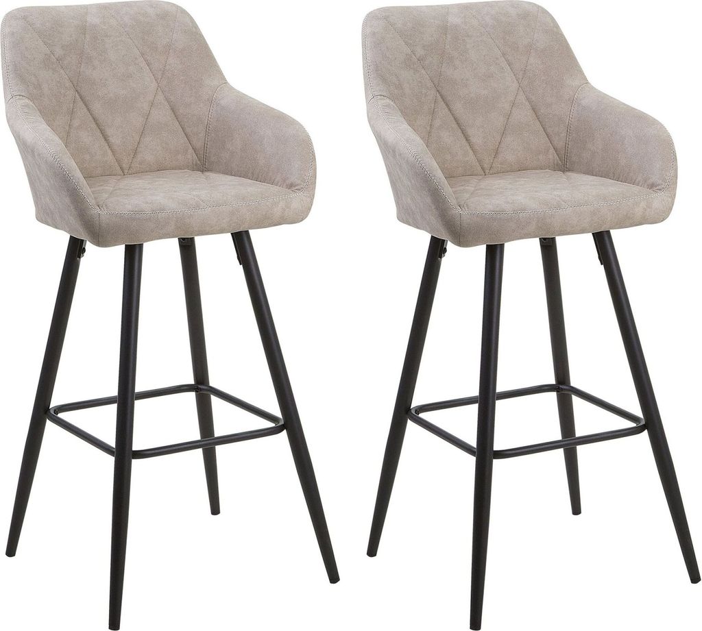 Two beige bar stools with black legs are shown against a white background.