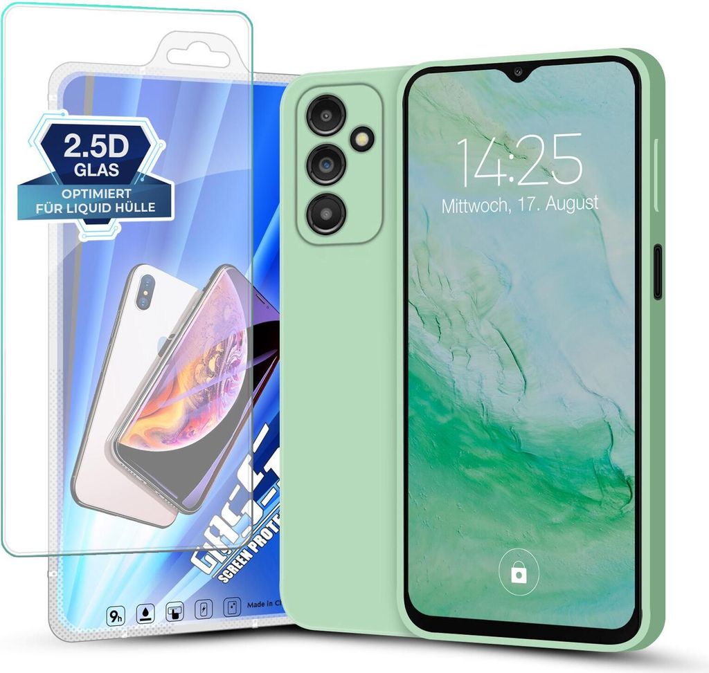 Hülle für Samsung Galaxy A14 5G mit 9H Displayglas Displayschutz Plus Case Cover Bumper Silikon Softgrip Schutzhülle Farbe: Türkis