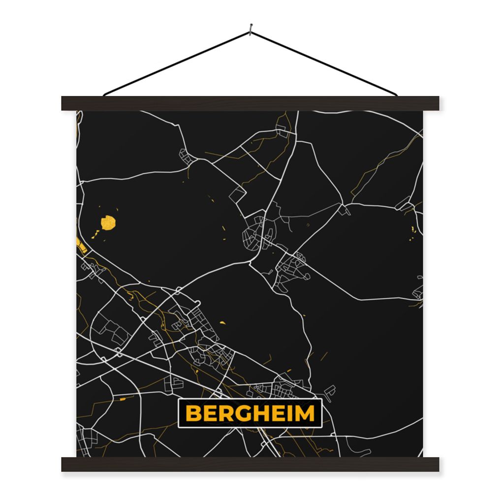 MuchoWow Textilposter Deutschland - Schwarz und Gold - Bergheim - Stadtplan - Karte 120x120 cm mit schwarzem Rahmen - Aufhängungsset