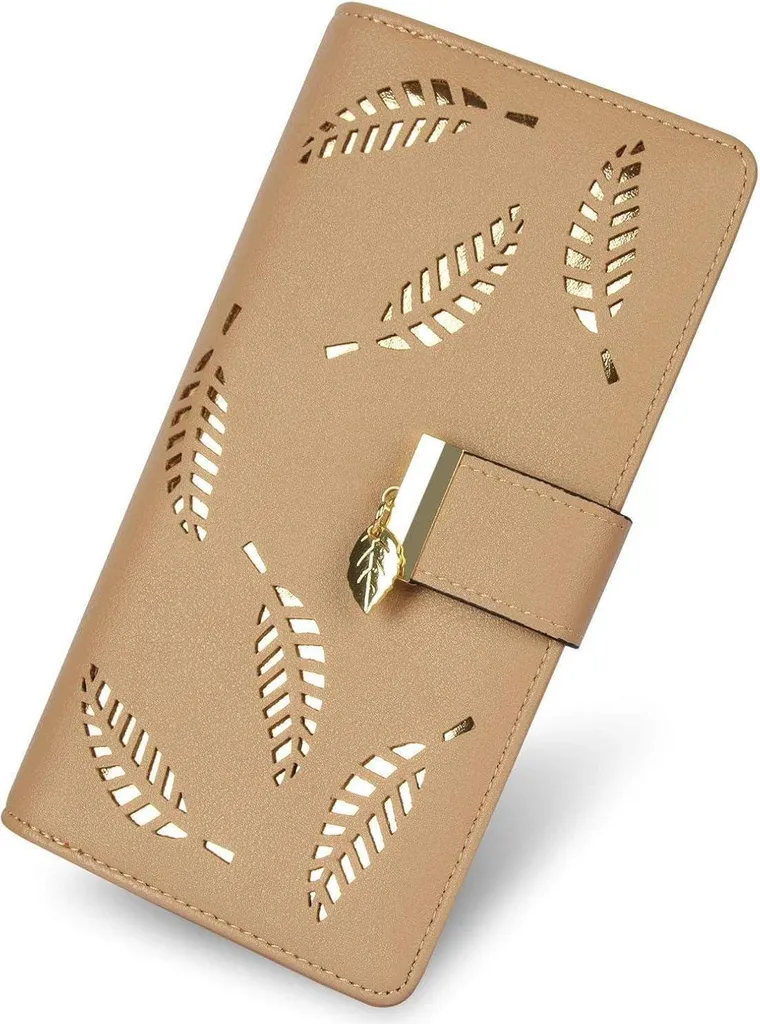 CHAOFANXI Portafoglio da donna Modello a foglia cava Bifold in pelle Lunga Zip Regali Donna Ragazze Khaki
