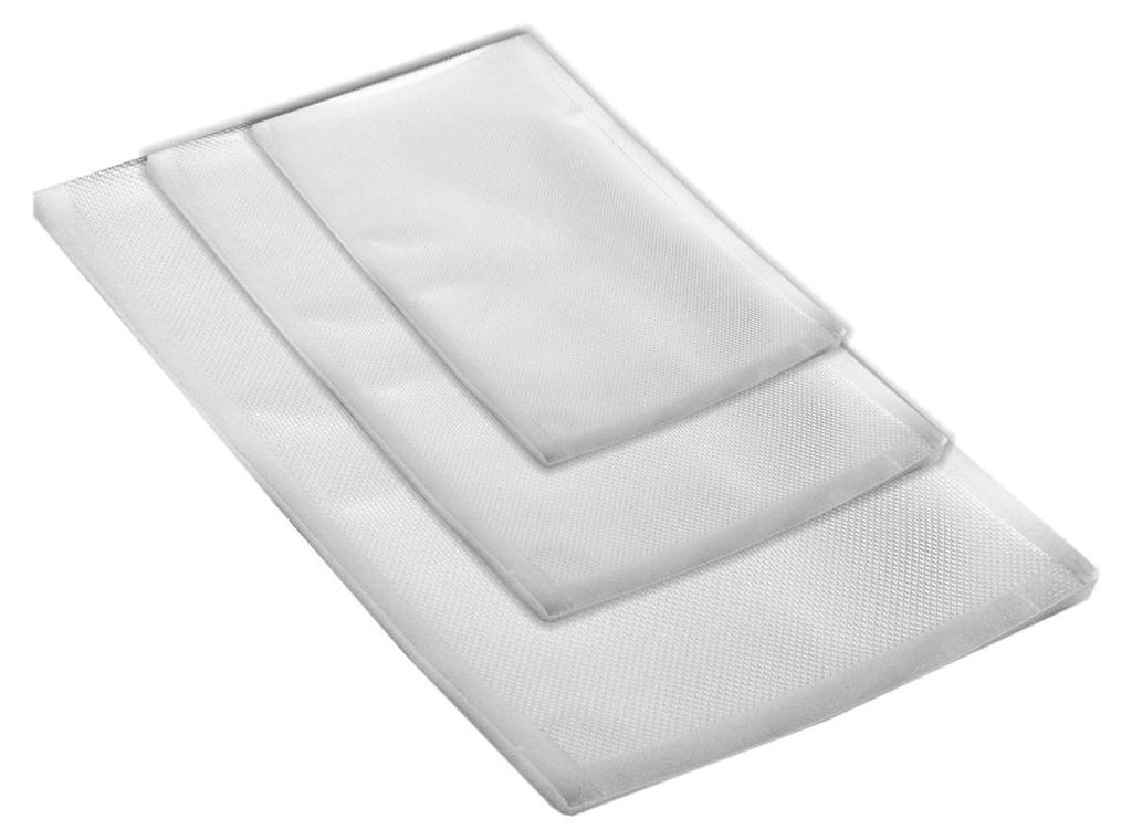 Three white vacuum seal bags of different sizes are stacked on a white background.