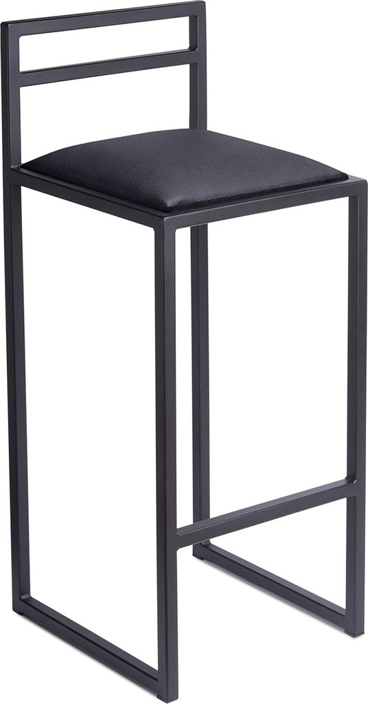A black bar stool with a metal frame and a padded seat is shown against a white background.