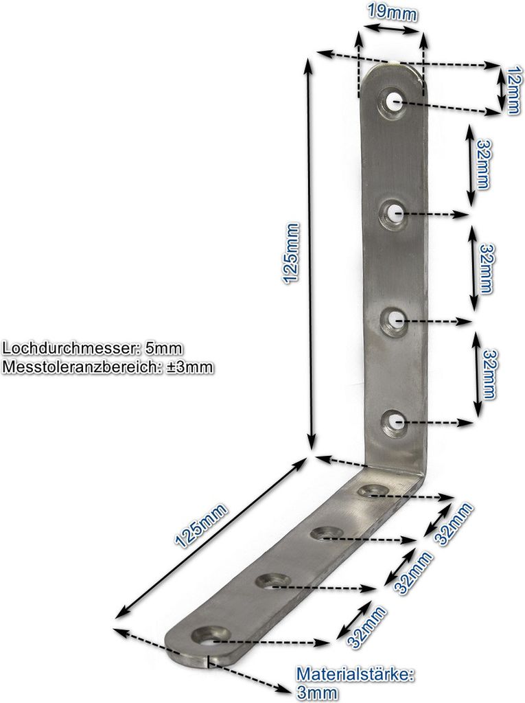 Edelstahl Winkel 125x125x19mm (VE 1Stk) 3x einsetzbar als Lochwinkel, Metallwinkel, Balkenwinkel, Verbinder, Winkelverbinder
