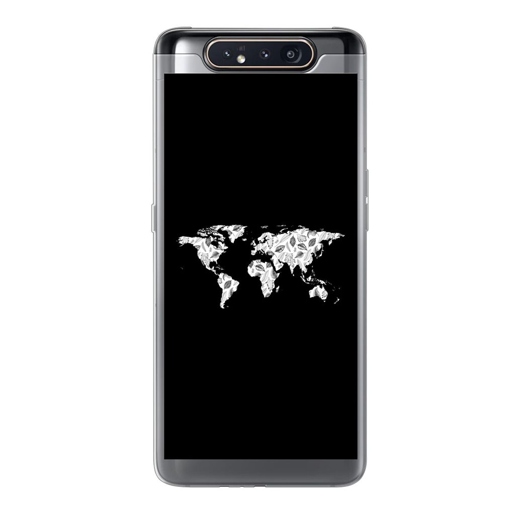 MuchoWow Handyhülle Schutzhülle Hülle für Samsung Galaxy A80 Weltkarte - Blätter - Schwarz Silikon Softcase Handy Hülle - Schutzdeckel