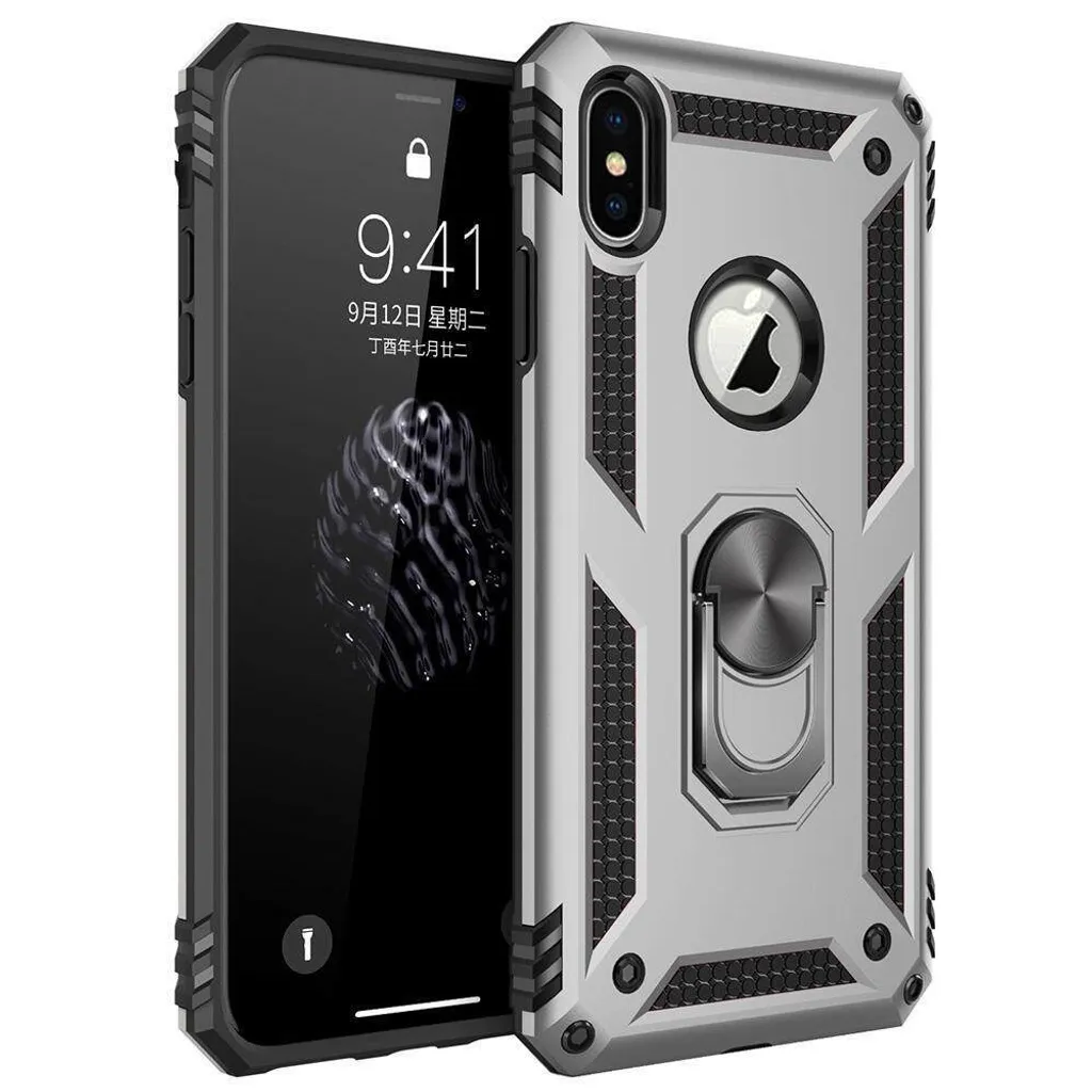 Cover Antiurto iPhone XS / X Argento - Protezione PC+TPU con Ring Holder