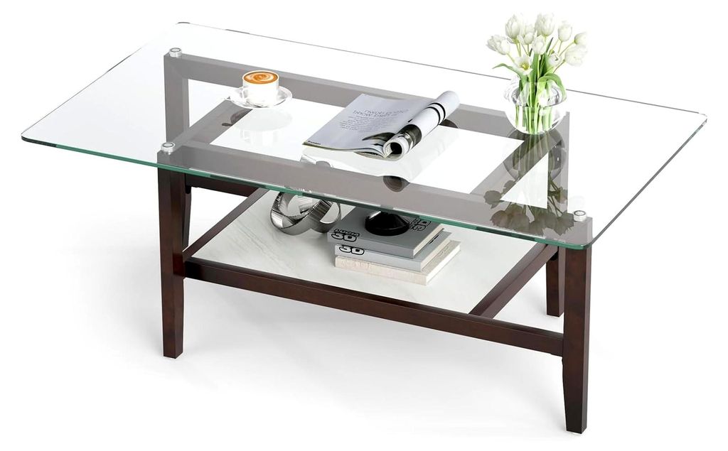 Couchtisch aus Glas, moderner rechteckiger Wohnzimmertisch mit 2 Ebenen, Sofatisch mit massiven Holzbeinen, Glastisch für Wohnzimmer und Büro (10...