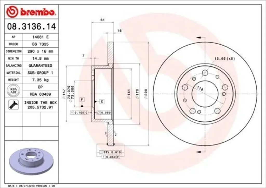 Freinage Arrière pour Fiat Ducato - Disque Brembo 08.3136.14 OE 4246N7