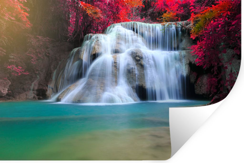 MuchoWow Wandtattoo Wandsticker Wandaufkleber Wasserfall - Bäume - Rot - Landschaft - Natur 60x40 cm Selbstklebend und Repositionierbar - Wierde...