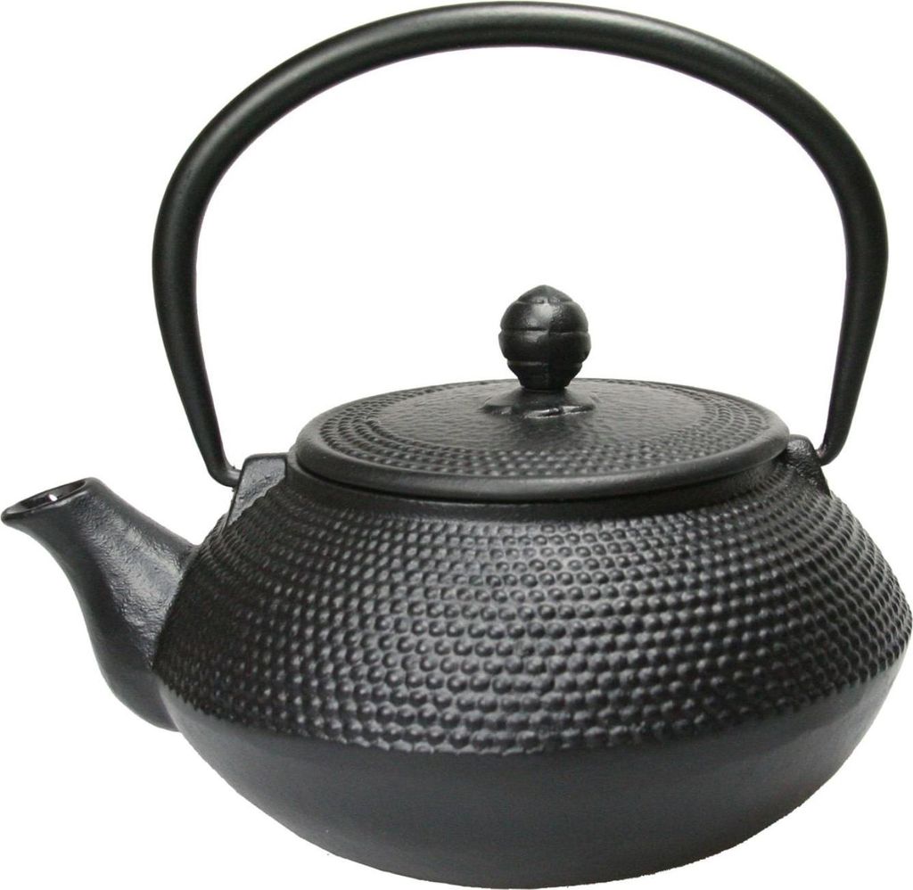 A black cast iron teapot with a textured surface and a curved handle, presented on a white background.