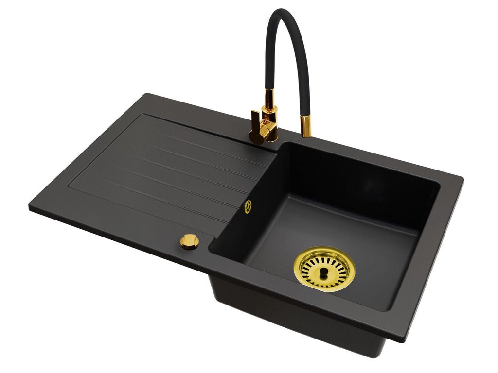 Küchenspüle 1 Becken LEON Automatik-Siphon Armatur FLEX Gold