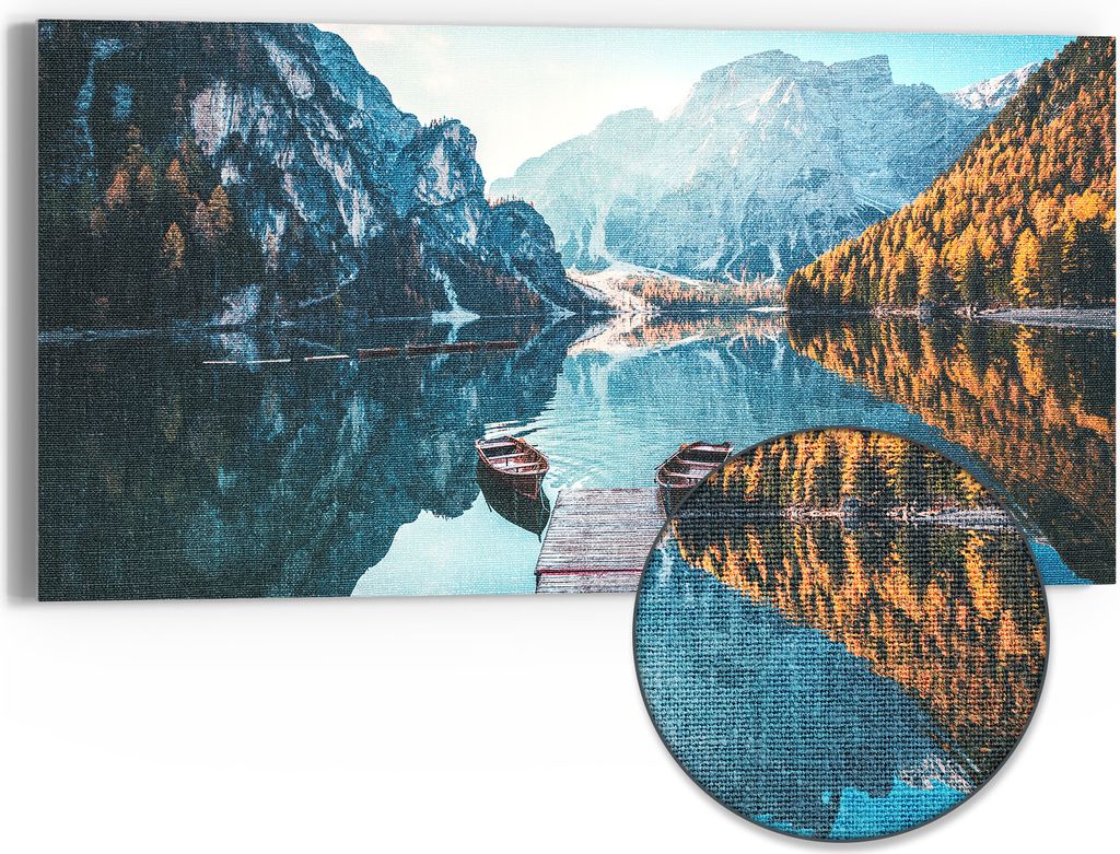 DEQORI Hybrid Leinwand Bild 60x30 cm 'Blick auf Lago di Braies' Wandbild Glas flach modern