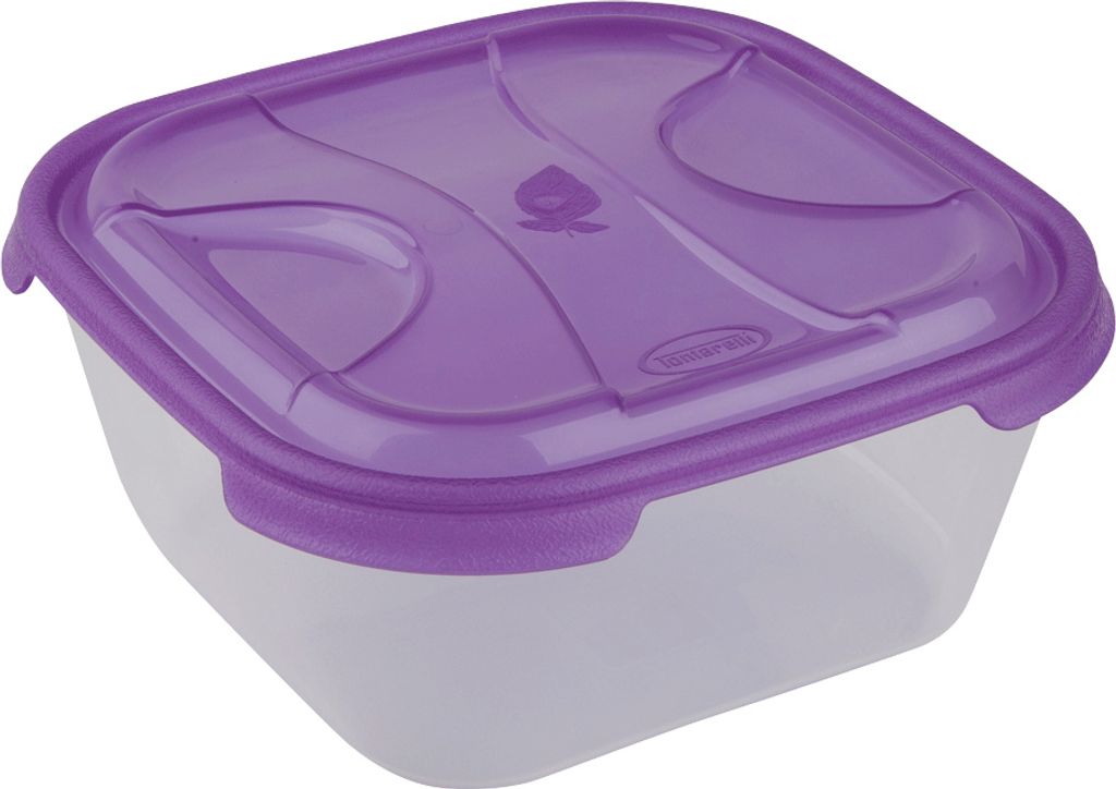 A square food storage container with a purple lid.