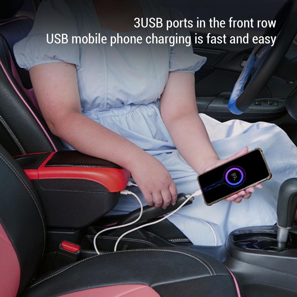 Universelle Auto-Armlehnenbox mit 6 USB-Ladeanschlüssen, doppellagiger Armlehnen-Konsolen-Organizer für SUV, LKW, Rot