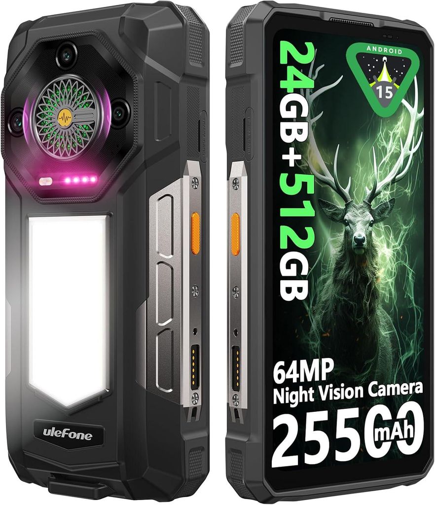 Ulefone Armor 33 Outdoor Handy AI Smartphone 25500mAh 66W 24GB+512GB 6,95" FHD+ 120Hz 118dB Android 15 mit 1100LM LED-Licht Nachtsicht NFC,Schwarz